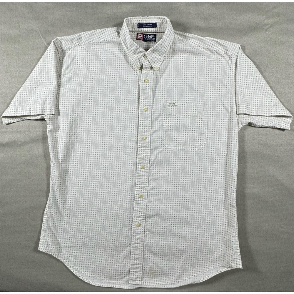 Chaps Ralph Lauren Mens Large White Geometric Short Sleeve Button Up Shirt